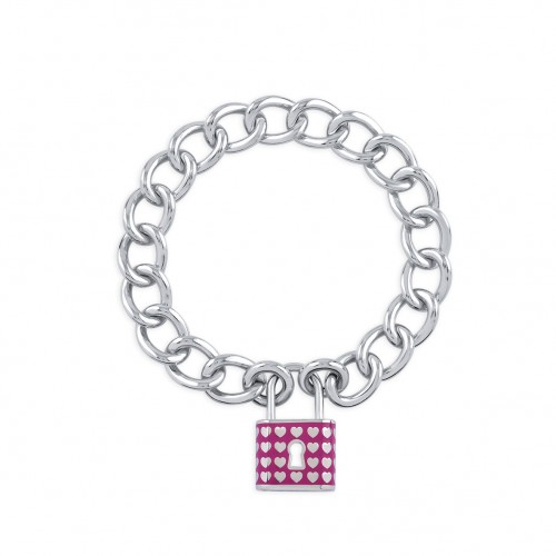 Heart Padlock, Sterling Silver Bracelet (Size: Large)