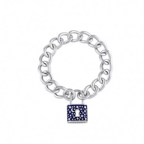 Moon&Star Padlock, Sterling Silver Bracelet (Size: Medium)